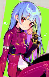 Rule 34 | 1girl, aqua hair, blush, bodysuit, breasts, candy, covered navel, food, gloves, green background, highres, holding, holding candy, holding food, knees up, kula diamond, lollipop, long hair, long sleeves, looking at viewer, medium breasts, multicolored bodysuit, multicolored clothes, onono imoko, parted lips, purple bodysuit, red eyes, shadow, solo, swirl lollipop, the king of fighters