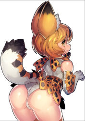 Rule 34 | 10s, 1girl, absurdres, animal ears, ass, bare shoulders, brown eyes, fengmo, gloves, highres, kemono friends, looking at viewer, looking back, print gloves, serval (kemono friends), serval tail, simple background, smile, solo, tail, white background