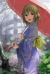 Rule 34 | 1girl, blue kimono, blush, bridge, brown eyes, brown hair, carrot hair ornament, floral print, flower, food-themed hair ornament, from side, grass, green hair, hair between eyes, hair ornament, highres, holding, holding umbrella, hydrangea, japanese clothes, kimono, looking at viewer, md5 mismatch, obi, one side up, open mouth, original, outdoors, rain, resolution mismatch, sash, smile, solo, source smaller, standing, tree, umbrella, wide sleeves, yoropa