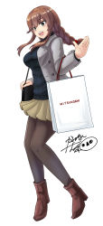 Rule 34 | 1girl, absurdres, bag, black pantyhose, black sweater, boots, braid, brown footwear, brown hair, commentary request, full body, green eyes, grey jacket, grey skirt, highres, jacket, kaminashi yamato, kantai collection, mitsukoshi (department store), noshiro (kancolle), official alternate costume, open mouth, pantyhose, pleated skirt, shopping bag, signature, simple background, skirt, solo, sweater, swept bangs, teeth, twin braids, upper body, waving, white background
