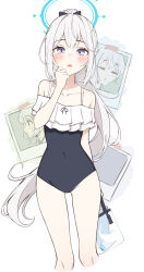 Rule 34 | 1girl, absurdres, bare legs, bare shoulders, black one-piece swimsuit, blue archive, blush, collarbone, cropped legs, feet out of frame, frilled one-piece swimsuit, frills, grey hair, highres, liverpool0427, long hair, looking at viewer, miyako (blue archive), miyako (swimsuit) (blue archive), multiple views, off-shoulder one-piece swimsuit, off shoulder, official alternate costume, one-piece swimsuit, open mouth, ponytail, purple eyes, simple background, swimsuit, white background