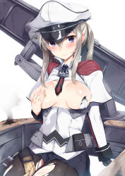 Rule 34 | 10s, 1girl, black gloves, blonde hair, blush, capelet, celtic knot, convenient censoring, covering one breast, covering privates, cross, gedou (shigure seishin), gloves, graf zeppelin (kancolle), hair between eyes, hat, iron cross, kantai collection, long hair, md5 mismatch, military, military hat, military uniform, miniskirt, pantyhose, peaked cap, purple eyes, resolution mismatch, sidelocks, simple background, single glove, skirt, solo, source larger, torn clothes, torn pantyhose, twintails, uniform
