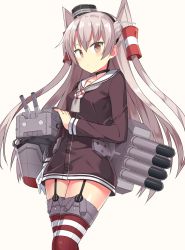 Rule 34 | 10s, 1girl, 501092-taka, amatsukaze (kancolle), breasts, brown dress, brown eyes, buttons, choker, dress, garter straps, hair tubes, kantai collection, lifebuoy, long hair, long sleeves, looking at viewer, machinery, o o, red thighhighs, rensouhou-kun, sailor collar, sailor dress, short dress, silver hair, simple background, small breasts, solid circle eyes, striped clothes, striped thighhighs, swim ring, thighhighs, torpedo, turret, two side up, white background