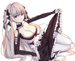 Rule 34 | 1girl, absurdres, arm support, azur lane, bad id, bad pixiv id, bare shoulders, breasts, choker, clothes lift, collarbone, dress, dress lift, earrings, formidable (azur lane), frilled dress, frilled ribbon, frills, grey hair, hair between eyes, hair ribbon, highres, jewelry, large breasts, lifted by self, long hair, long skirt, long sleeves, looking at viewer, okappa (bobbed001), pantyhose, red eyes, ribbon, shaded face, shadow, skirt, skirt lift, solo, twintails, two-tone dress, two-tone ribbon, very long hair