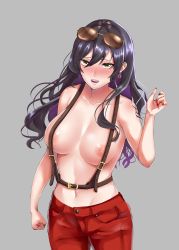 Rule 34 | 1girl, absurdres, black hair, blush, breasts, clenched hand, collarbone, cowboy shot, earrings, eyewear on head, grey background, hair between eyes, highres, hoshizaka, idolmaster, idolmaster shiny colors, jewelry, large breasts, long hair, multicolored hair, nail polish, navel, nipples, open mouth, pants, red nails, red pants, shirase sakuya, solo, standing, streaked hair, suspenders, topless, yellow eyes