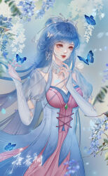 Rule 34 | 1girl, absurdres, artist request, blue dress, blue eyes, blurry, blurry background, bug, butterfly, butterfly hair ornament, clothing cutout, douluo dalu, dress, earrings, fingerless gloves, flower, gloves, hair ornament, hand up, highres, insect, jewelry, long hair, parted lips, second-party source, single fingerless glove, solo, tang wutong (douluo dalu), teeth, upper body, wisteria