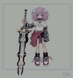 Rule 34 | 1girl, bandaged leg, bandages, bandaid, bandaid on face, bandaid on nose, black shorts, black socks, blood, closed mouth, clothes around waist, d-pad, d-pad hair ornament, full body, grey background, hair between eyes, hair ornament, highres, holding, holding sword, holding weapon, jewelry, layered sleeves, long sleeves, looking at viewer, necklace, neptune (neptunia), neptune (series), pink hair, purple eyes, reitoubeef, shirt, shoes, short hair, shorts, simple background, sneakers, socks, solo, striped, sword, t-shirt, warframe, weapon, white shirt