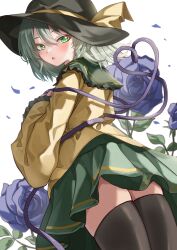Rule 34 | 1girl, absurdres, black hat, black thighhighs, blue flower, blue rose, commentary, cowboy shot, flower, green eyes, green hair, green skirt, hat, hat ribbon, heart, heart of string, highres, komeiji koishi, long sleeves, looking at viewer, looking back, mahoro (minase mahoro), open mouth, ribbon, rose, shirt, short hair, simple background, skirt, solo, thighhighs, third eye, touhou, white background, wide sleeves, yellow ribbon, yellow shirt