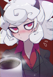 Rule 34 | 1girl, absurdres, ahoge, breasts, coffee, coffee mug, collared shirt, cup, demon girl, demon horns, flying sweatdrops, helltaker, highres, holding, holding cup, horns, jhintoxlc, lanyard, large breasts, looking at viewer, messy hair, mug, no eyewear, pandemonica (helltaker), red eyes, red shirt, shirt, short hair, short ponytail, solo, upper body, white hair