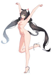 Rule 34 | 1girl, :o, absurdres, animal ears, armpits, arms up, black hair, breasts, cat ears, cat girl, cat tail, completely nude, full body, green eyes, grey footwear, high heels, highres, leg up, long hair, low twintails, medium breasts, navel, nipples, nude, open mouth, original, simple background, solo, standing, standing on one leg, stomach, tail, twintails, very long hair, white background, xiaoxi0619