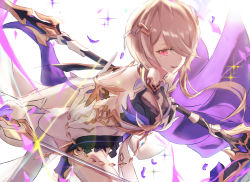 Rule 34 | 1girl, :d, bare shoulders, breasts, brown hair, cleavage, dress, hair ornament, hair over one eye, highres, holding, holding scythe, holding sword, holding weapon, honkai (series), honkai impact 3rd, long hair, medium breasts, mole, mole under eye, natumusumeab, open mouth, purple eyes, rita rossweisse, rita rossweisse (spina astera), scythe, smile, solo, sword, weapon, white background, white dress