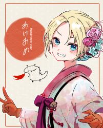 Rule 34 | 1girl, absurdres, blonde hair, blue eyes, blue hair, blush, chinese zodiac, dragon, english text, flower, from side, gloves, gradient hair, hair bun, hair flower, hair ornament, happy new year, highres, japanese clothes, kimono, link! like! love live!, long sleeves, looking at viewer, love live!, multicolored hair, new year, oihlf, osawa rurino, parted bangs, pink kimono, red gloves, sidelocks, solo, translation request, upper body, v, v-shaped eyebrows, wide sleeves, year of the dragon