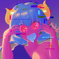 Rule 34 | 1girl, blue shirt, blue tongue, breasts, chromatic aberration, cleavage, color change, colored skin, colored tongue, dragon girl, dragon horns, fangs, female focus, glitch, gradient background, hands up, happy, highres, horns, ilulu (maidragon), kobayashi-san chi no maidragon, looking at viewer, masked ink, open mouth, pink skin, pointy ears, polka dot, polka dot background, pop art, sharp teeth, shirt, shortstack, signature, signature artist name, slit pupils, smile, solo, teeth, tongue, tongue out, upper body, yellow horns