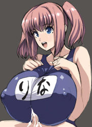 Rule 34 | 1boy, 1girl, blue eyes, breasts, censored, covered erect nipples, cum, cum on clothes, hetero, huge breasts, kloah, mosaic censoring, paizuri, paizuri under clothes, penis, penis under another&#039;s clothes, pink hair, school swimsuit, simple background, swimsuit, translated, twintails