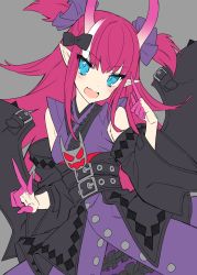 Rule 34 | 1girl, :d, absurdres, alternate horns, bad id, bad twitter id, belt, black belt, black bow, blue eyes, blush, bow, detached sleeves, elizabeth bathory (fate), elizabeth bathory (japan) (fate), fang, fate/grand order, fate (series), grey background, hair bow, hair ornament, hair scrunchie, hand up, head tilt, highres, horns, japanese clothes, kimono, long sleeves, looking at viewer, multicolored hair, multiple belts, official alternate costume, open mouth, pink hair, pointy ears, purple kimono, purple scrunchie, samei ikusa, scrunchie, simple background, smile, solo, streaked hair, two side up, upper body, v, wide sleeves