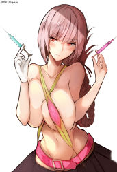 Rule 34 | 1girl, bare arms, bare shoulders, belt, belt buckle, between breasts, bikini, black skirt, blush, braid, breasts, breasts squeezed together, buckle, collarbone, commentary request, fate/grand order, fate (series), florence nightingale (fate), florence nightingale (trick or treatment) (fate), gloves, green bikini, groin, hair between eyes, head tilt, highres, holding, holding syringe, large breasts, layered bikini, long hair, looking at viewer, navel, official alternate costume, parted lips, pink belt, pink bikini, pink hair, red eyes, simple background, single braid, single glove, skirt, solo, stomach, swimsuit, syringe, twitter username, wardrobe error, white background, white gloves, yuzuki himuka