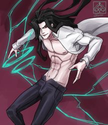 Rule 34 | 1boy, abs, black hair, highres, long hair, male focus, melty blood, michael roa valdamjong, muscular, open clothes, open shirt, red eyes, shirt, smile, solo, tsukihime