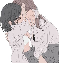 Rule 34 | 2girls, arms around neck, black bra, black hair, bra, breasts, brown hair, cleavage, closed eyes, commentary request, dress shirt, grey skirt, hair behind ear, highres, hug, implied fingering, kamatama rom, lace, lace-trimmed bra, lace trim, large breasts, long hair, long sleeves, mole, mole on breast, mole under eye, multiple girls, open clothes, open shirt, original, pleated skirt, school uniform, shirt, simple background, skirt, underwear, white background, white bra, white shirt, yuri