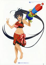 Rule 34 | 10s, 1girl, absurdres, bare shoulders, barefoot, black hair, breasts, collarbone, concept art, floral print, full body, green eyes, highres, holding, homura (senran kagura), large breasts, long hair, looking at viewer, navel, official art, open mouth, page number, ponytail, sarong, scan, senran kagura, simple background, smile, solo, standing, swimsuit, tan, tanline, v, water gun, white background, yaegashi nan