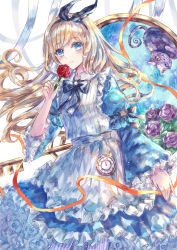 Rule 34 | 1girl, absurdres, alice (alice in wonderland), alice in wonderland, black ribbon, blonde hair, blue eyes, cat, clock, closed mouth, commentary, feet out of frame, flower, grin, hairband, heterochromia, highres, holding, holding ribbon, key, light blush, long hair, looking at viewer, neck ribbon, orange ribbon, ribbon, rose, smile, suzushina, upside-down, violet (flower), white background