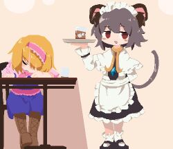 Rule 34 | 2girls, alice margatroid, alternate costume, animal ears, apron, black footwear, blonde hair, blue dress, blush, boots, brown footwear, capelet, closed eyes, commentary request, cookie (touhou), cross-laced footwear, crystal, cup, dress, enmaided, frilled apron, frills, full body, grey dress, grey hair, hairband, holding, holding tray, ichigo (cookie), jewelry, looking at viewer, maid, maid headdress, mary janes, medium bangs, mouse ears, mouse girl, mouse tail, multiple girls, nazrin, nyon (cookie), open mouth, pendant, pink capelet, pink hairband, pink sash, pixel art, red eyes, sash, shoes, short hair, sitting, sleeping, smile, socks, sparseseethe, standing, table, tail, touhou, tray, waist apron, white apron, white capelet, white socks