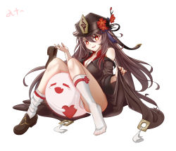 Rule 34 | 1girl, absurdres, bare shoulders, breasts, brown hair, chinese clothes, cleavage, closed eyes, feet, genshin impact, ghost, hat, heart, highres, hu tao (genshin impact), long sleeves, red eyes, simple background, smile, socks, solo, spread legs, symbol-shaped pupils, user zacu2523, white background
