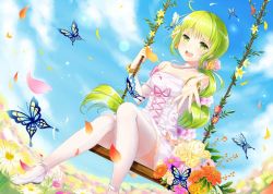 Rule 34 | 1girl, :d, ahoge, bare shoulders, breasts, bug, butterfly, cleavage, commentary request, day, dress, field, flower, flower field, green eyes, green hair, insect, jewelry, koyama sao, long hair, looking at viewer, medium breasts, multi-tied hair, necklace, open mouth, outdoors, ponytail, saga, saga frontier 2, sitting, smile, solo, thighhighs, very long hair, virginia knights, white thighhighs