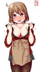 Rule 34 | 1girl, ahoge, alternate costume, apron, artist logo, bandaid, bandaid on face, black pantyhose, blush, breasts, brown apron, brown eyes, brown hair, cleavage, commentary request, cowboy shot, dated, grey skirt, happi, highres, japanese clothes, kanon (kurogane knights), kantai collection, large breasts, nose blush, oboro (kancolle), open clothes, pantyhose, pleated skirt, short hair, simple background, skirt, smile, solo, standing, white background