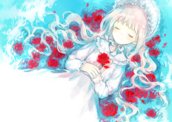 Rule 34 | 1girl, bed of roses, bow, bowtie, closed eyes, closed mouth, dress, facing up, facing viewer, flower, frilled sleeves, frills, headdress, holding, holding flower, long hair, long sleeves, lying, lying on water, moekon, on back, original, painterly, red flower, red rose, rose, sidelocks, solo, white bow, white bowtie, white dress, white hair, white headdress