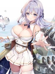 Rule 34 | 1girl, azur lane, bare shoulders, blush, braid, breasts, brooch, buttons, cleavage, closed mouth, commentary request, commission, cowboy shot, day, detached sleeves, double-breasted, french braid, gold trim, highres, jewelry, kakerayuri, large breasts, light purple hair, long hair, looking at viewer, miniskirt, outdoors, pleated skirt, purple eyes, reaching, reaching towards viewer, rodney (azur lane), skeb commission, skirt, smile, solo, thighhighs, thighs, turret, v-shaped eyebrows, water, white skirt, white thighhighs, zettai ryouiki