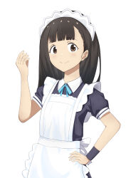 1girl apron black_hair brown_eyes hand_on_own_hip highres hotchner maid maid_headdress make_heroine_ga_oo_sugiru! nukumizu_kaju school_uniform short_sleeves simple_background smile white_background