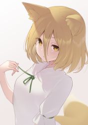 Rule 34 | 1girl, animal ear fluff, animal ears, blonde hair, blurry, breasts, depth of field, eyes visible through hair, fox ears, fox tail, hair between eyes, highres, kanpa (campagne 9), kudamaki tsukasa, light blush, light smile, looking at viewer, romper, short hair, simple background, small breasts, solo, tail, touhou, upper body, white background, yellow eyes