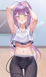 Rule 34 | 1girl, armpits, black undershirt, blush, character name, clothes writing, crop top, cropped shirt, crotch seam, demon tail, green eyes, grey pants, hair ornament, hairclip, highres, hololive, hololive dance practice uniform, long hair, looking at viewer, midriff, multicolored hair, navel, navel piercing, official alternate costume, open mouth, pants, piercing, pink hair, ponytail, purple hair, rryiup, shirt, solo, steaming body, stomach, streaked hair, sweat, tail, tokoyami towa, tying hair, very long hair, virtual youtuber, white shirt, yoga pants