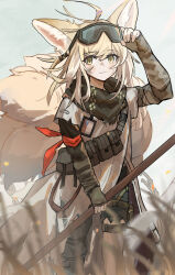 Rule 34 | 1girl, adjusting eyewear, animal ears, arknights, asymmetrical legwear, blonde hair, blush, closed mouth, fingerless gloves, fox ears, fox girl, fox tail, gloves, goggles, goggles on head, green eyes, hand up, highres, holding, holding staff, layered sleeves, long hair, long sleeves, looking at viewer, multiple tails, neckerchief, red neckerchief, scarf, short sleeves, smile, solo, staff, suzuran (arknights), suzuran (lostlands flowering) (arknights), tail, torn clothes, yurooe