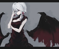 Rule 34 | 1girl, aged up, bad id, bad pixiv id, bat wings, breasts, cleavage, collarbone, dress, earrings, artistic error, female focus, jewelry, large breasts, letterboxed, nail polish, one eye closed, pointy ears, rca, red dress, red eyes, remilia scarlet, short hair, silver hair, sleeveless, sleeveless dress, solo, touhou, wings