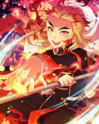 Rule 34 | 1boy, :d, absurdres, black jacket, black pants, blonde hair, cape, fire, floating hair, forked eyebrows, hako (gyhujikolp), highres, holding, holding polearm, holding weapon, jacket, kimetsu no yaiba, long hair, long sleeves, looking at viewer, male focus, multicolored hair, open mouth, pants, polearm, red hair, rengoku kyoujurou, smile, solo, two-tone hair, weapon, white cape, yellow eyes