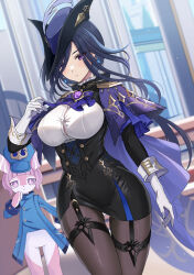 Rule 34 | 2girls, ascot, black bow, black corset, black pantyhose, black skirt, blue ascot, blue cape, blue hair, blue headwear, blurry, blurry background, bow, breasts, button gap, cape, clorinde (genshin impact), closed mouth, commentary request, corset, dark blue hair, drop earrings, earrings, elbow gloves, epaulettes, fold-over gloves, furry, genshin impact, gloves, hair between eyes, hair bow, harimoji, hat, hat feather, high-waist skirt, highres, jewelry, large breasts, long hair, low ponytail, melusine (genshin impact), multicolored hair, multiple girls, outdoors, pantyhose, pencil skirt, pink fur, purple eyes, shirt, skirt, streaked hair, sweatdrop, taut clothes, taut shirt, tricorne, vision (genshin impact), white gloves, white shirt