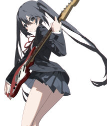 Rule 34 | 1girl, absurdres, black eyes, black hair, black jacket, black skirt, blazer, blush, closed mouth, commentary, feet out of frame, guitar, hair between eyes, highres, holding, holding instrument, holding plectrum, instrument, jacket, k-on!, legs together, long hair, looking at viewer, miniskirt, nakano azusa, neck ribbon, pleated skirt, plectrum, qtian, red ribbon, ribbon, sakuragaoka high school uniform, school uniform, sidelocks, simple background, skirt, smile, solo, thighs, twintails, very long hair, white background, winter uniform