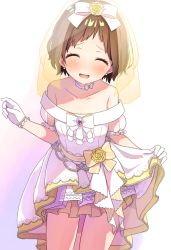 Rule 34 | 1girl, :d, ^ ^, bang dream!, bare shoulders, blush, bow, brown bow, brown hair, closed eyes, collarbone, commentary request, dress, earrings, facing viewer, flower, gloves, gradient background, hazawa tsugumi, head tilt, jewelry, off-shoulder dress, off shoulder, open mouth, pleated dress, puffy short sleeves, puffy sleeves, purple background, rose, see-through, see-through sleeves, shipii (jigglypuff), short hair, short sleeves, skirt hold, smile, solo, striped, striped bow, veil, white background, white dress, white gloves, yellow flower, yellow rose