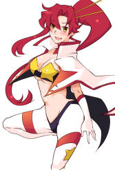 Rule 34 | 00s, 1girl, blush, breasts, cleavage, gloves, large breasts, midriff, open mouth, ponytail, red hair, simple background, solo, space yoko, tengen toppa gurren lagann, touge hiro, yellow eyes, yoko littner