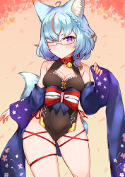 Rule 34 | absurdres, ahoge, animal ear fluff, animal ears, bare shoulders, bell, black dress, blue hair, blush, braid, breasts, choumi wuti (xueye fanmang zhong), cleavage, closed mouth, collar, commentary, copyright request, covered navel, dress, floral print, glasses, groin, highres, jingle bell, long sleeves, looking at viewer, medium breasts, multicolored hair, obi, one eye closed, orange hair, petals, pinching sleeves, purple-framed eyewear, purple eyes, red collar, sash, sleeveless, sleeveless dress, sleeves past wrists, solo, streaked hair, tail, tail raised, twitter username, virtual youtuber, wide sleeves