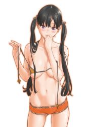 Rule 34 | 1girl, bikini, bikini shorts, bikini top only, black hair, blunt bangs, breasts, breasts apart, comic kairakuten, contrapposto, covering privates, covering breasts, cowboy shot, cropped, english text, finger to mouth, gluteal fold, hair ornament, head tilt, highres, key (kagibangou), long hair, looking at viewer, medium breasts, navel, non-web source, outline, pumpkin, purple eyes, sagging breasts, shorts, simple background, solo, standing, swimsuit, twintails, untied bikini, white background, yellow bikini
