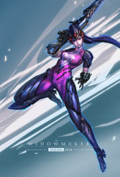 Rule 34 | 1girl, artist request, bodysuit, boots, breasts, character name, cleavage, email address, gloves, gun, head-mounted display, highres, image sample, looking away, overwatch, overwatch 1, purple hair, rifle, skin tight, sniper rifle, solo, watermark, weapon, web address, widowmaker (overwatch)