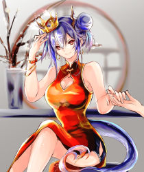 Rule 34 | 1girl, arknights, bead bracelet, beads, black shorts, blue hair, bracelet, breasts, ch&#039;en (ageless afterglow) (arknights), ch&#039;en (arknights), china dress, chinese clothes, cleavage, cleavage cutout, clothing cutout, collarbone, commentary, crown, double bun, dragon girl, dragon horns, dragon tail, dress, earrings, feet out of frame, hair bun, hand up, highres, holding hands, horns, iroha (168f3), jewelry, large breasts, looking at viewer, medium hair, mini crown, official alternate costume, plant, potted plant, red dress, red eyes, shorts, sleeveless, sleeveless dress, smile, solo focus, tail
