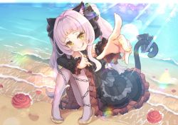 Rule 34 | 1girl, animal ear fluff, animal ears, asa (swallowtail), bare shoulders, beach, black dress, blunt bangs, blush, bow, breasts, cat ears, cat girl, cat tail, center frills, commentary request, criss-cross halter, day, detached sleeves, dress, frilled dress, frilled ribbon, frilled shirt collar, frills, full body, gothic lolita, hair ribbon, halter dress, halterneck, heart, hololive, juliet sleeves, lolita fashion, long hair, long sleeves, looking at viewer, murasaki shion, murasaki shion (gothic lolita), ocean, open mouth, outdoors, pantyhose, pinstripe dress, pinstripe pattern, pointing, pointing at viewer, puffy sleeves, ribbon, sand, short eyebrows, silver hair, simple background, sleeveless, sleeveless dress, small breasts, solo, star (symbol), striped, tail, tail bow, tail ornament, twintails, virtual youtuber, yellow eyes