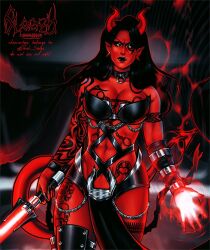 Rule 34 | 1girl, black hair, breasts, cleavage, colored skin, demon girl, demon tail, glowing, glowing hand, highres, holding, holding weapon, horns, large breasts, long hair, looking at viewer, navel piercing, piercing, pointy ears, red skin, science fiction, sleazy art, solo, standing, star wars, sword, tail, tattoo, weapon