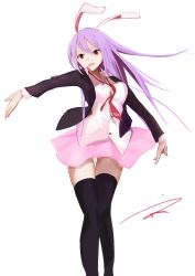Rule 34 | 1girl, animal ears, artist name, black thighhighs, blazer, blouse, highres, jacket, long hair, long sleeves, miniskirt, necktie, outstretched arms, parted lips, pink skirt, pleated skirt, purple hair, rabbit ears, red eyes, red necktie, reisen udongein inaba, shirt, signature, simple background, skirt, smile, solo, spread arms, standing, tetsurou (fe+), thigh gap, thighhighs, touhou, white background