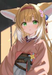 1girl :o absurdres animal_ears arknights blonde_hair brown_sash character_name chinese_commentary commentary_request dated day flower green_eyes hair_flower hair_ornament hairband highres japanese_clothes kimono lens_flare light_blush long_hair long_sleeves looking_at_viewer multicolored_hair official_alternate_costume open_mouth pink_flower pink_kimono red_hairband sash solo streaked_hair sunlight suzuran_(arknights) suzuran_(yukibare)_(arknights) tassel tassel_hair_ornament ume_kiyou upper_body white_hair yagasuri