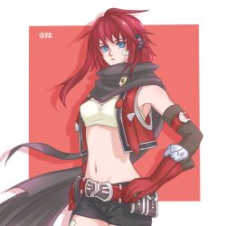 Rule 34 | 1girl, arc the lad, arc the lad iii, bandages, belt, blue eyes, breasts, cheryl (arc the lad), closed mouth, gloves, highres, long hair, looking at viewer, medium breasts, navel, oma, red gloves, red hair, scarf, short shorts, shorts, solo