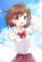 Rule 34 | 1girl, :d, arm behind head, arm up, blue sky, blush, bow, bowtie, breasts, brown eyes, brown hair, cloud, cloudy sky, collared shirt, commentary request, day, diagonal stripes, dress shirt, foreshortening, looking at viewer, massala, open mouth, original, outdoors, outstretched arm, plaid, plaid skirt, pleated skirt, red bow, red skirt, round teeth, school uniform, shirt, short sleeves, skirt, sky, small breasts, smile, solo, striped bow, striped bowtie, striped clothes, teeth, upper teeth only, white shirt